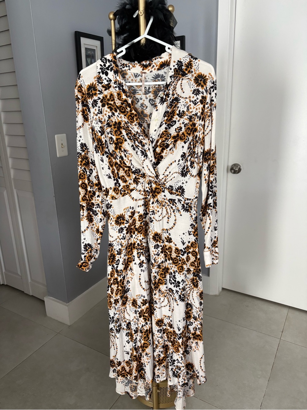 Free People White Maxi Dress with Brown Floral Print